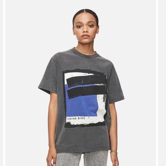 Anine Bing Tops - Anine Bing Georgie Blue Painting Tee in Washed Black